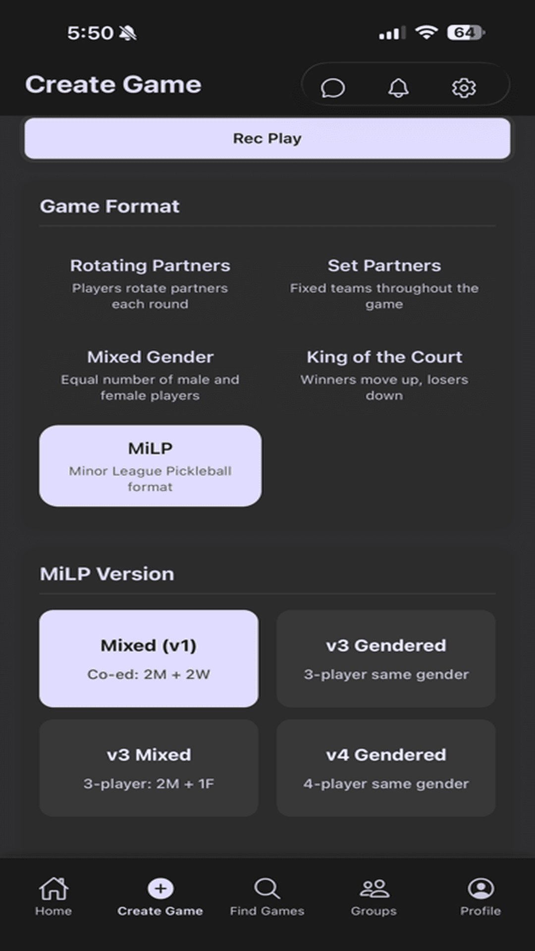 Create Game - Formats